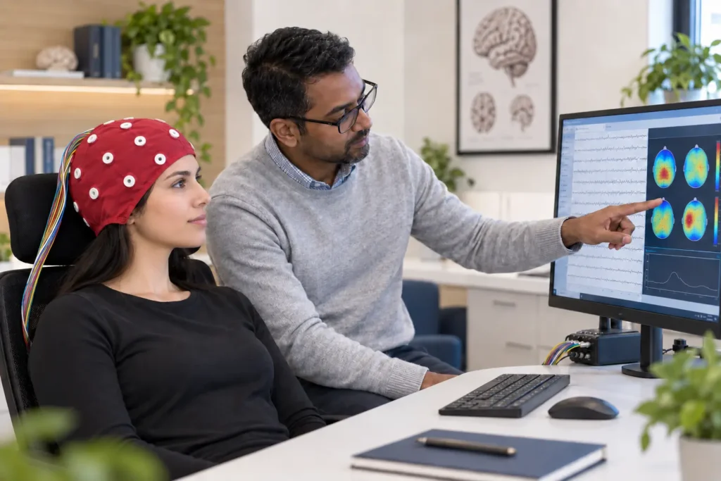 Adult reviewing qEEG brain-mapping results with a clinician in Calgary