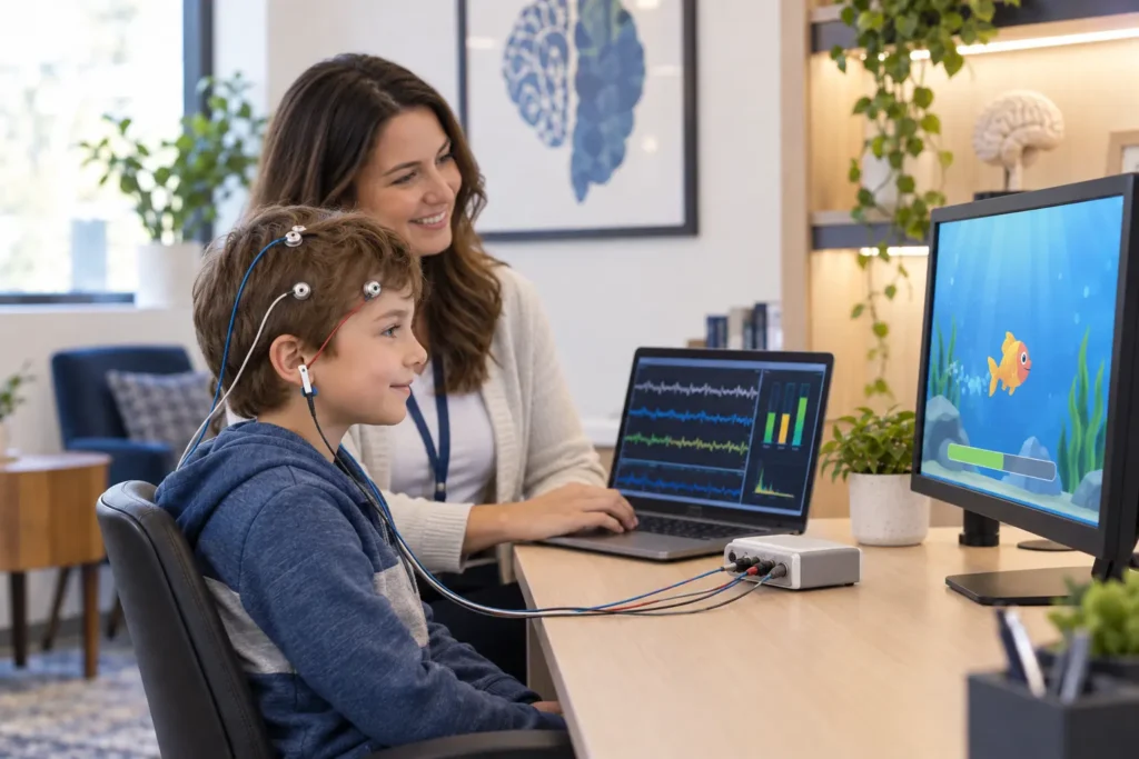 Child completing clinician-guided neurofeedback training with EEG sensors in Calgary